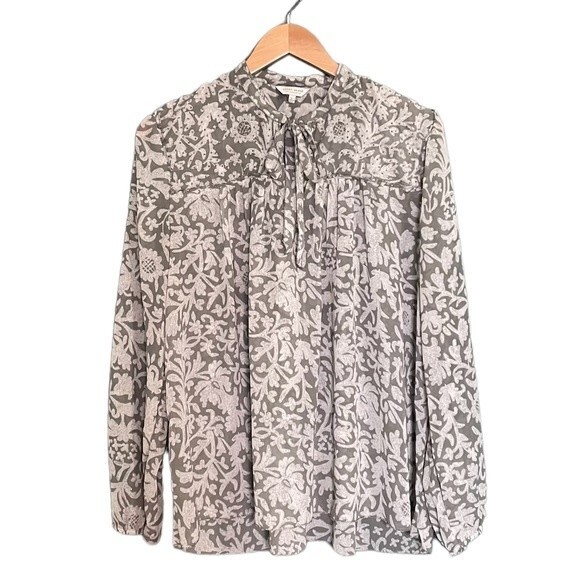 Lucky Brand Beaded Peasant Blouse Sage Green Size Large Tassel Tie Boho Y2K - Picture 1 of 10